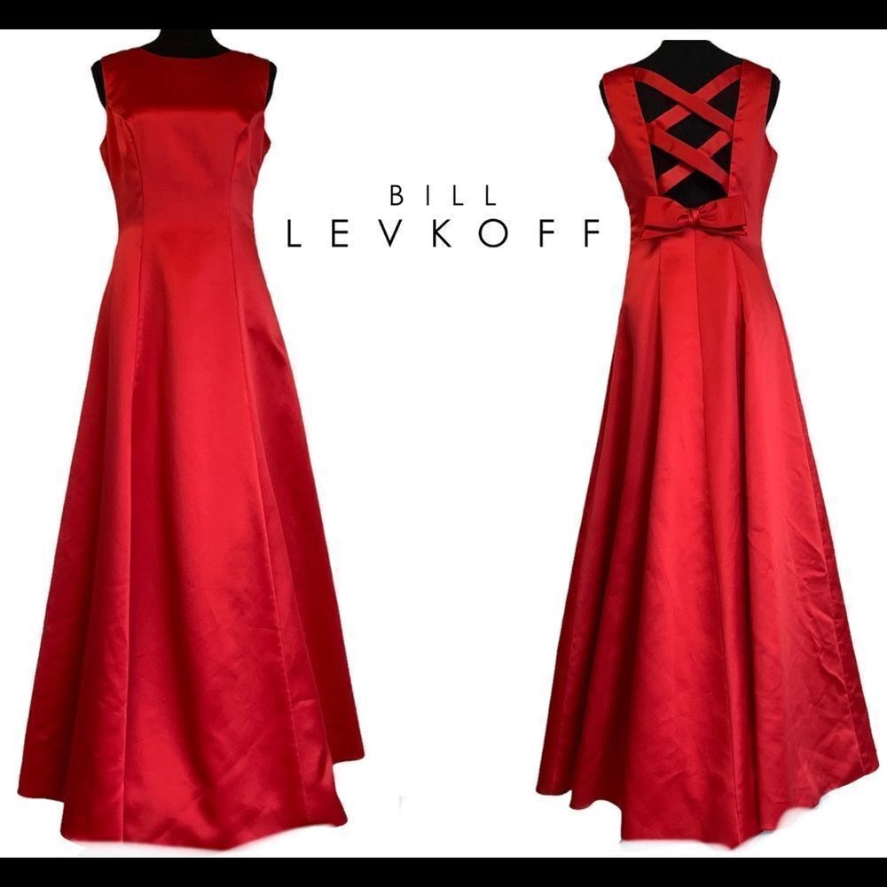 BILL Levkoff Red satin crisscross bow back prom wedding bridesmaid gown dressπ₯